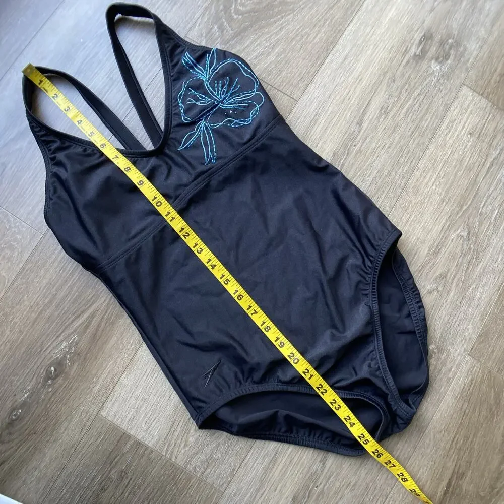 Speedo One Piece Swimsuit Women Sz 8 Black Embroidered Flower Padded Lined